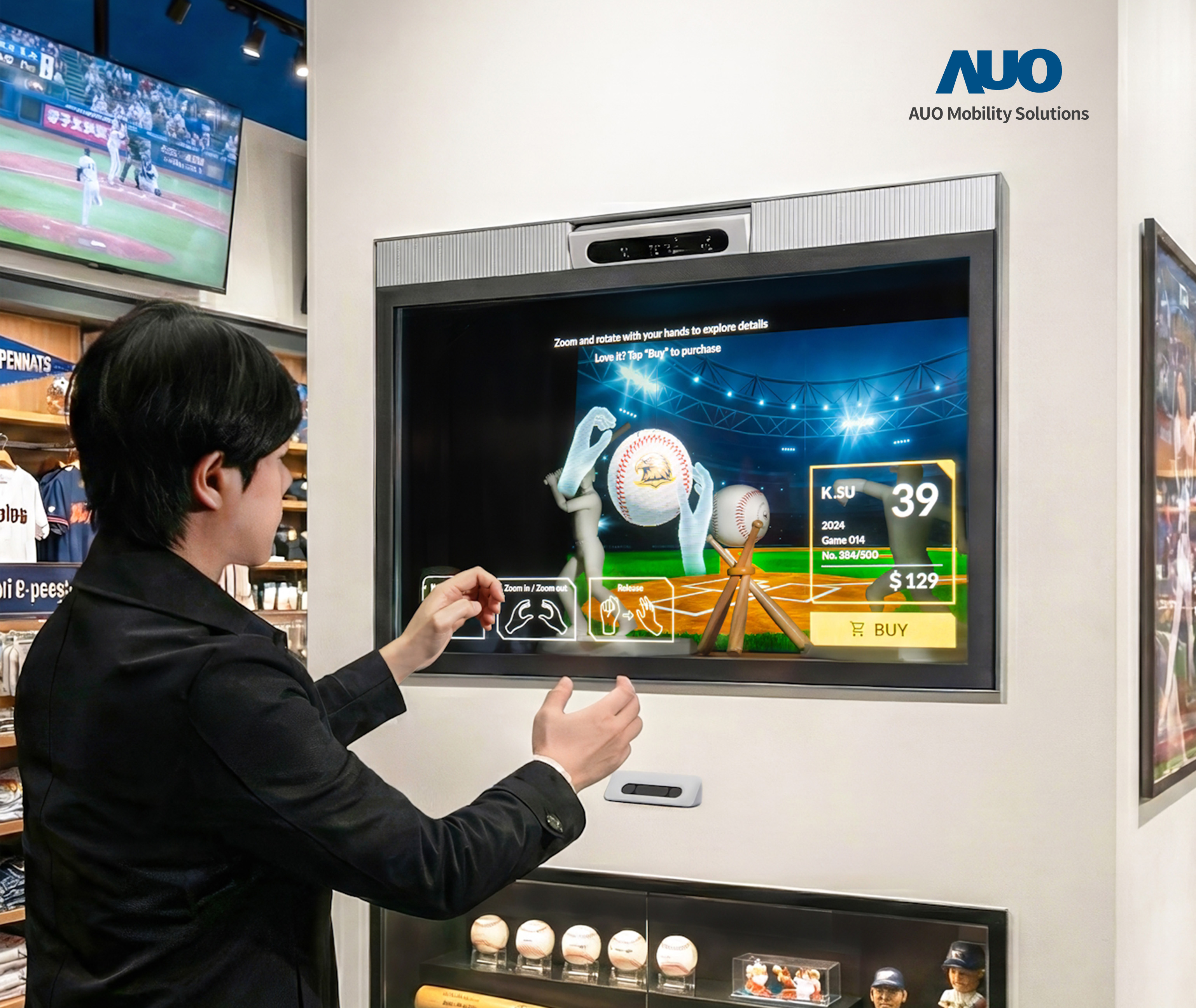 64吋Sports AR Solution提供实体赛事与Micro LED透明显示器对应互动的运用，对于参赛者或队伍有更多信息需了解，或更多营销互动，都可轻松在透明显示屏幕上完成，助攻营销互动新纪元。