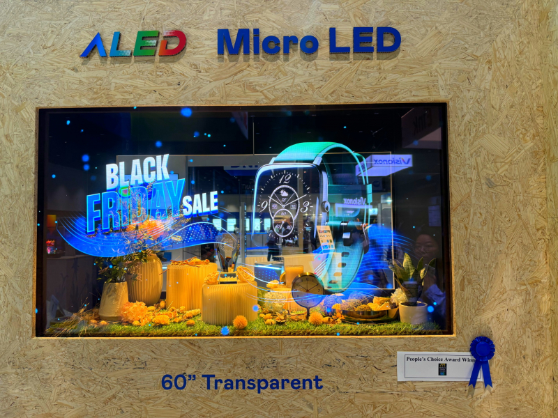 世界杯官方网站入口60吋高透明度Micro LED显示器获&rdquo;最佳Micro LED技术应用奖&rdquo;，将Micro LED面板透明化之设计特性极致发挥，以可扩展性无缝拼接技术打造，具备600 nits全画面亮度、大于60%穿透率及超过NTSC 110%的优异广色域表现，可依需求灵活应用于各种场域