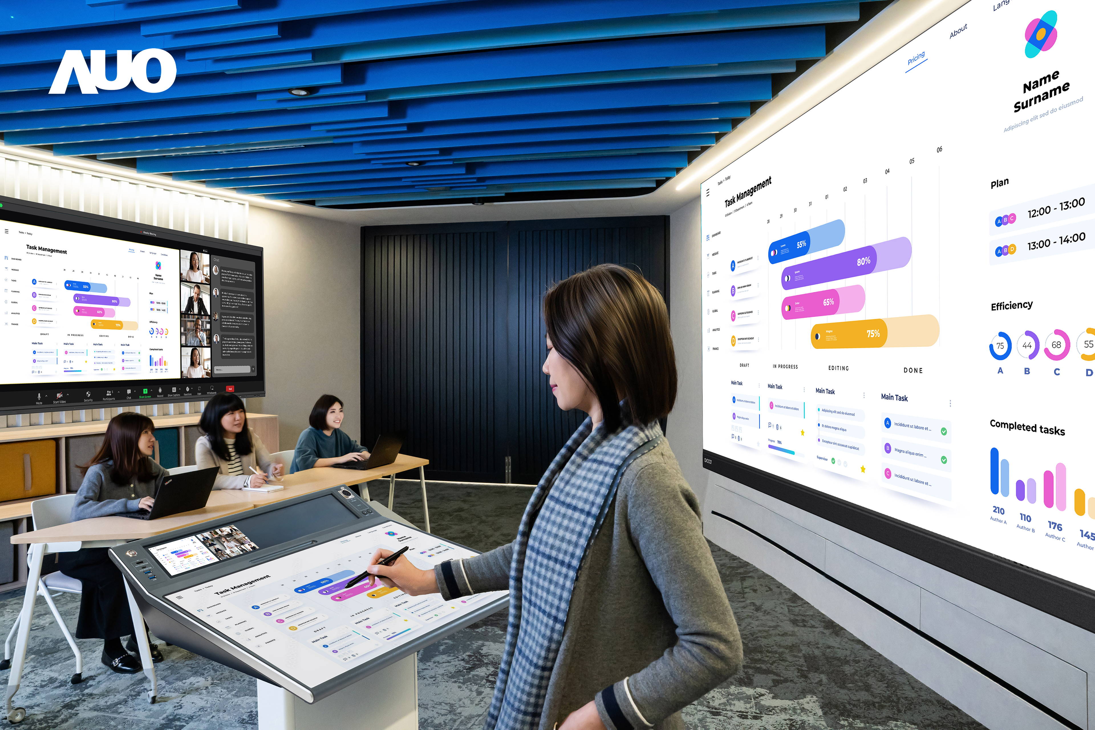 达擎携手Avocor与Rise Vision展示全方位商务领域应用，包含采用模块化设计的138吋一体式All-in-One LED显示器及具21:9超宽比例的92吋交互式电子白板（IFPD），讲者可轻松分享内容，有效提升会议协作效率。